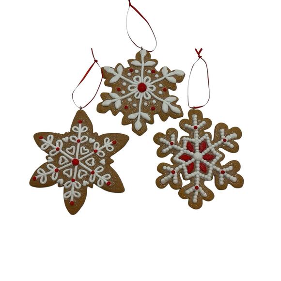 3 Red White Icing Gingerbread Snowflake Cookie Christmas Ornaments Baker - Picture 2 of 6